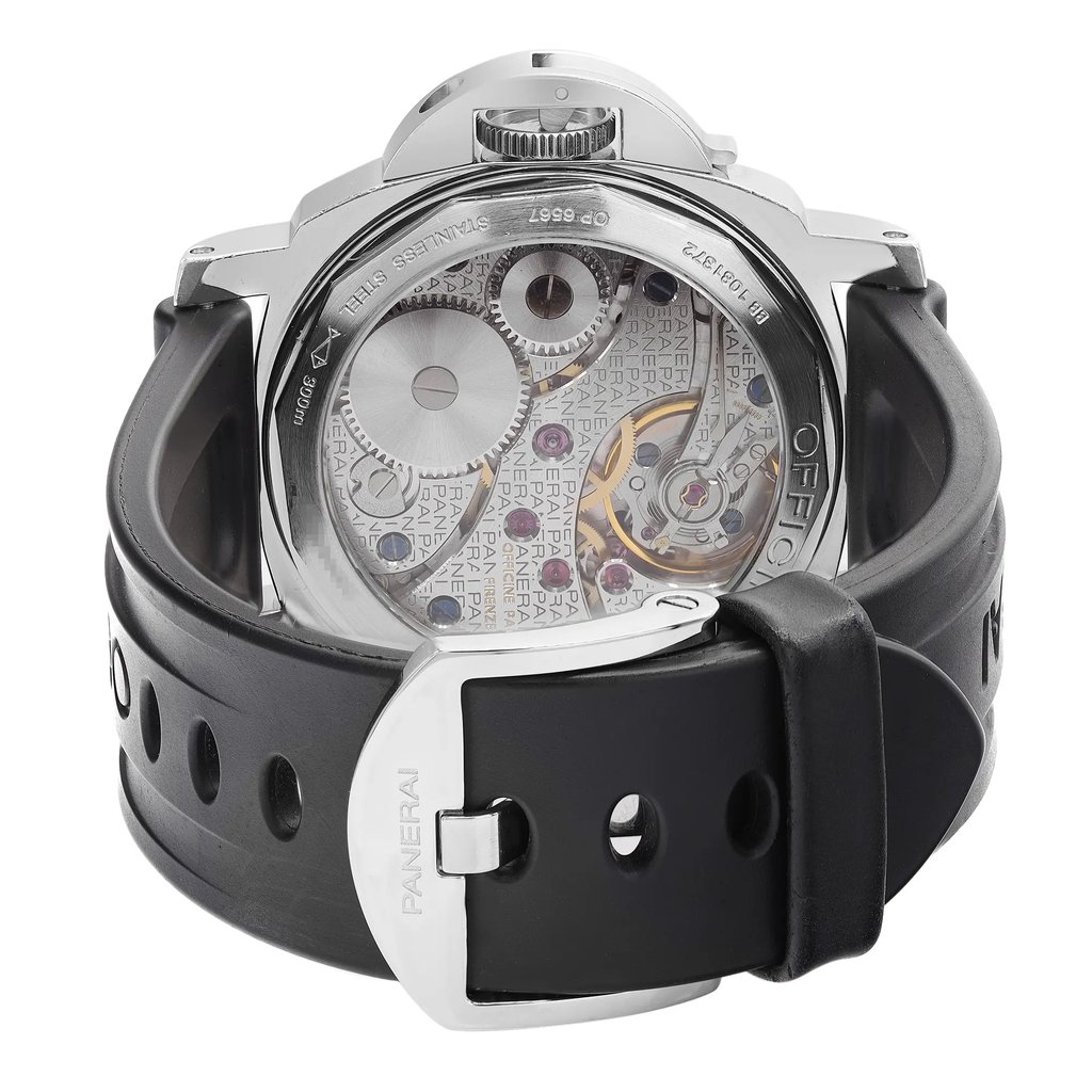 Back View Of Exhibition Back Case And Closed Rubber Band Of Panerai PAM00111 Watch Pre Owned Condition
