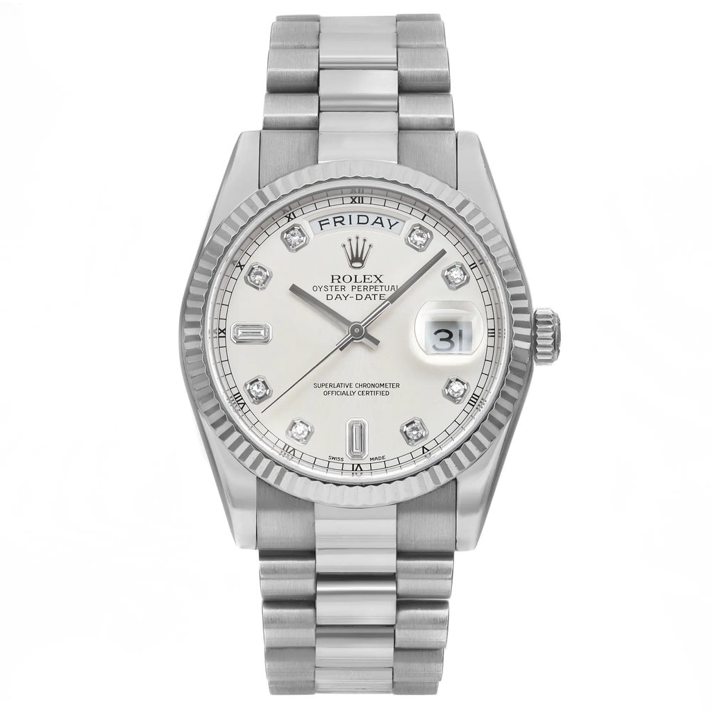 Front Full View Of Rolex 118239 White Gold Watch Pre Owned Condition Good