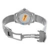 An image of a men's OMEGA wristwatch, display model, featuring a titanium case and band with a round watch shape. The back view showcases a solid caseback with branding details, and the clasp is open, revealing a fold-over closure with double push buttons. The wristwatch is positioned at a slight angle with the top of the watch facing slightly to the right and the open clasp extending to the left, all against a neutral background and photographed from a medium distance.