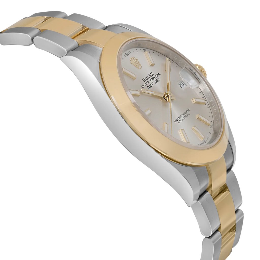 An image of an unworn Rolex men's wristwatch, showcasing a side profile view opposite the crown, positioned at a medium distance. The watch features a luxurious style with a round shape, a silver sunburst dial, and a gold bezel. It has a stainless steel and yellow gold band, a stainless steel case, and includes a date indicator and luminous hands.