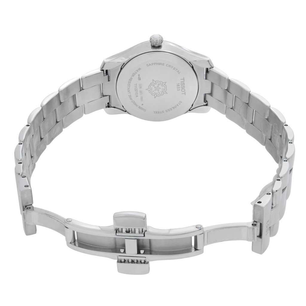 Back View Of Solid Back Case And Open Stainless Steel Band Of Tissot T112.210.11.031.00 Watch Display Model Condition
