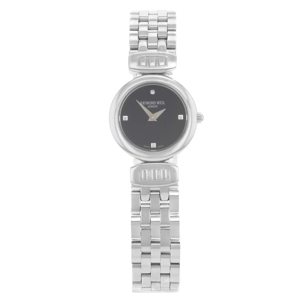An image of a Wristwatch by RAYMOND WEIL. This Pre Owned item is designed for Women, featuring a Classic,Dress/Formal style. It has a Quartz movement and an Analog display with a Black dial color. The indices include Non-Numeric Hour Marks. The band is made of Stainless Steel and the case is made of Stainless Steel. The watch has a Round shape with a case size of 23 mm and a case thickness of 6 mm.