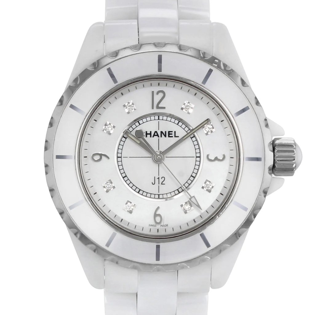 Up Close Front Facing Picture Of Chanel H2422 Ceramic Watch Pre Owned Condition
