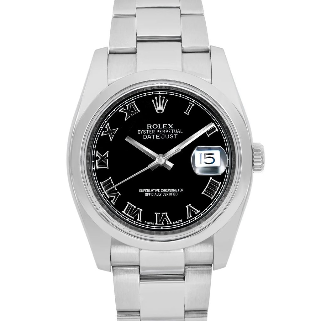An image of a pre-owned wristwatch taken from a front close-up angle, focusing on the watch face. The watch features a silver metal band and a black dial with Roman numerals. The date is prominently displayed at the 3 o'clock position. The watch is centered in the frame, showcasing its detailed design and craftsmanship.