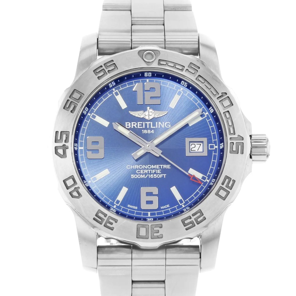 Up Close Front Facing Picture Of Breitling A7438710/C849-157A Stainless Steel Watch Display Model Condition