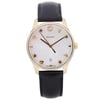 An image of a pre-owned Gucci women's wristwatch in good condition, presented in a front full frontal view. The watch features a round stainless steel case, a gold bezel, and a white mother of pearl dial accented with charm hour marks and a date indicator at the 6 o'clock position. It has a leather band and the photo is taken at a close distance, showing the watch head-on, with the band partially visible, looping downwards.