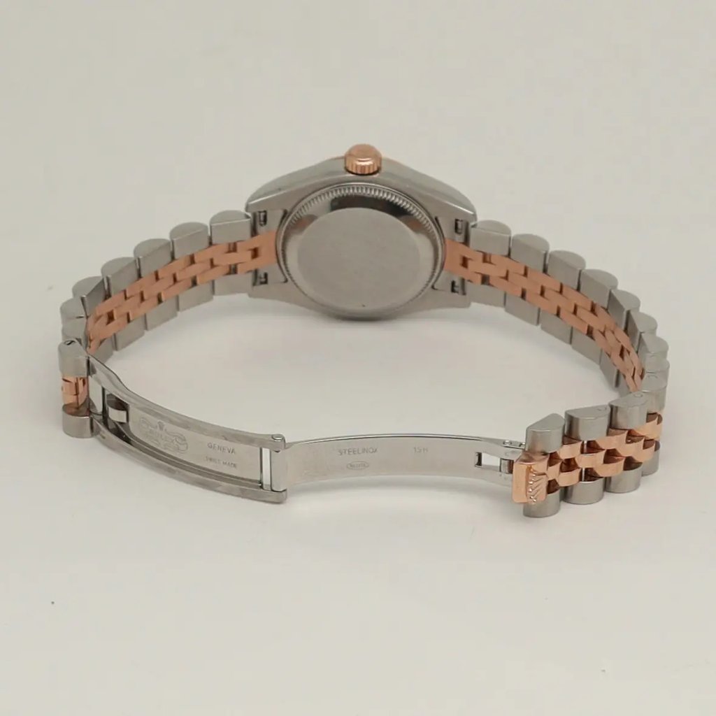 Back View Of Solid Back Case And Open Stainless Steel,Rose Gold Band Of Rolex 179171 Watch Pre Owned Condition