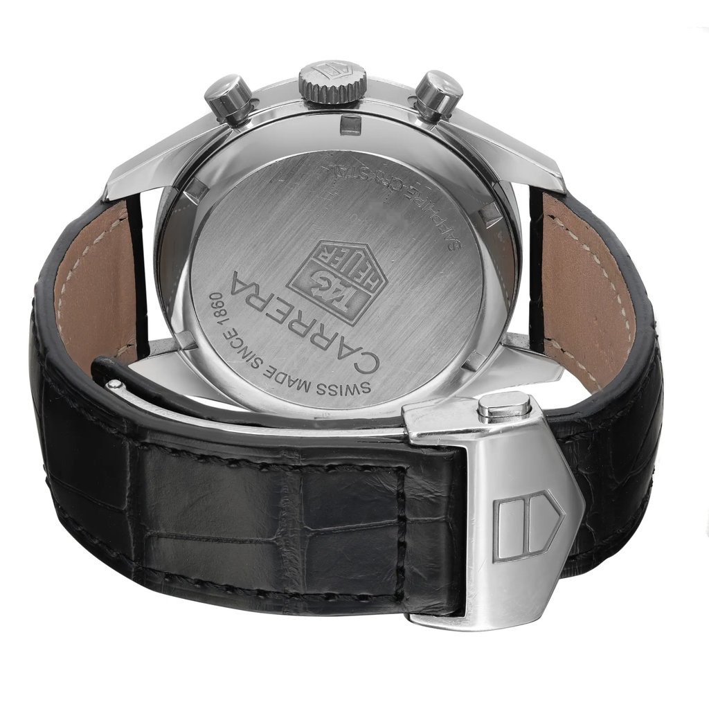 Back View Of Screwback Back Case And Closed Leather Band Of TAG Heuer CV2113.FC6180 Watch Pre Owned Condition