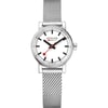 An image of a Wristwatch by Mondaine. This Display Model item is designed for Women, featuring a Casual style. It has a Quartz movement and an Analog display with a White dial color. The indices include 12-Hour Dial,Non-Numeric Hour Marks,Stick Indexes. The band is made of Stainless Steel and the case is made of Stainless Steel. The watch has a Round shape with a case size of 26 mm and a case thickness of 9 mm.