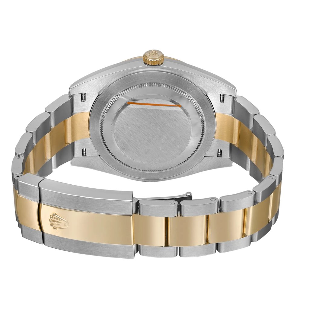 An image of an unworn Rolex men's wristwatch showing the back view with a closed clasp. The watch has a round stainless steel case with a screwback and a band composed of stainless steel and yellow gold links. The closure is a fold-over clasp featuring the Rolex logo. The watch is positioned centrally and captured from a straight angle, with a close-up distance that highlights the caseback and band details.