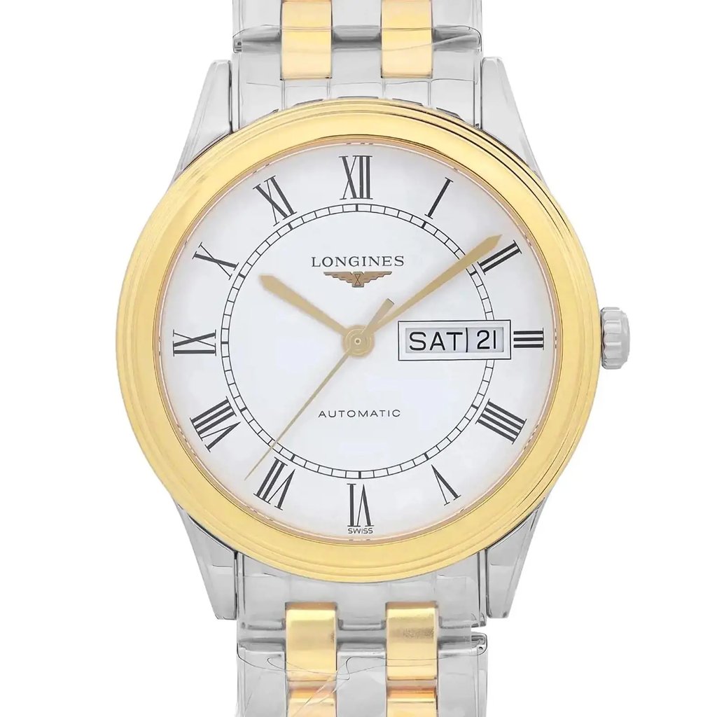 An image of a wristwatch taken from a front close-up angle, showcasing the watch face. The watch features a white dial with Roman numerals and a day-date display on the right. The case is surrounded by a gold bezel, and the hands are gold-toned. The watch has a two-tone metal bracelet, combining silver and gold elements. The timepiece is in new condition.