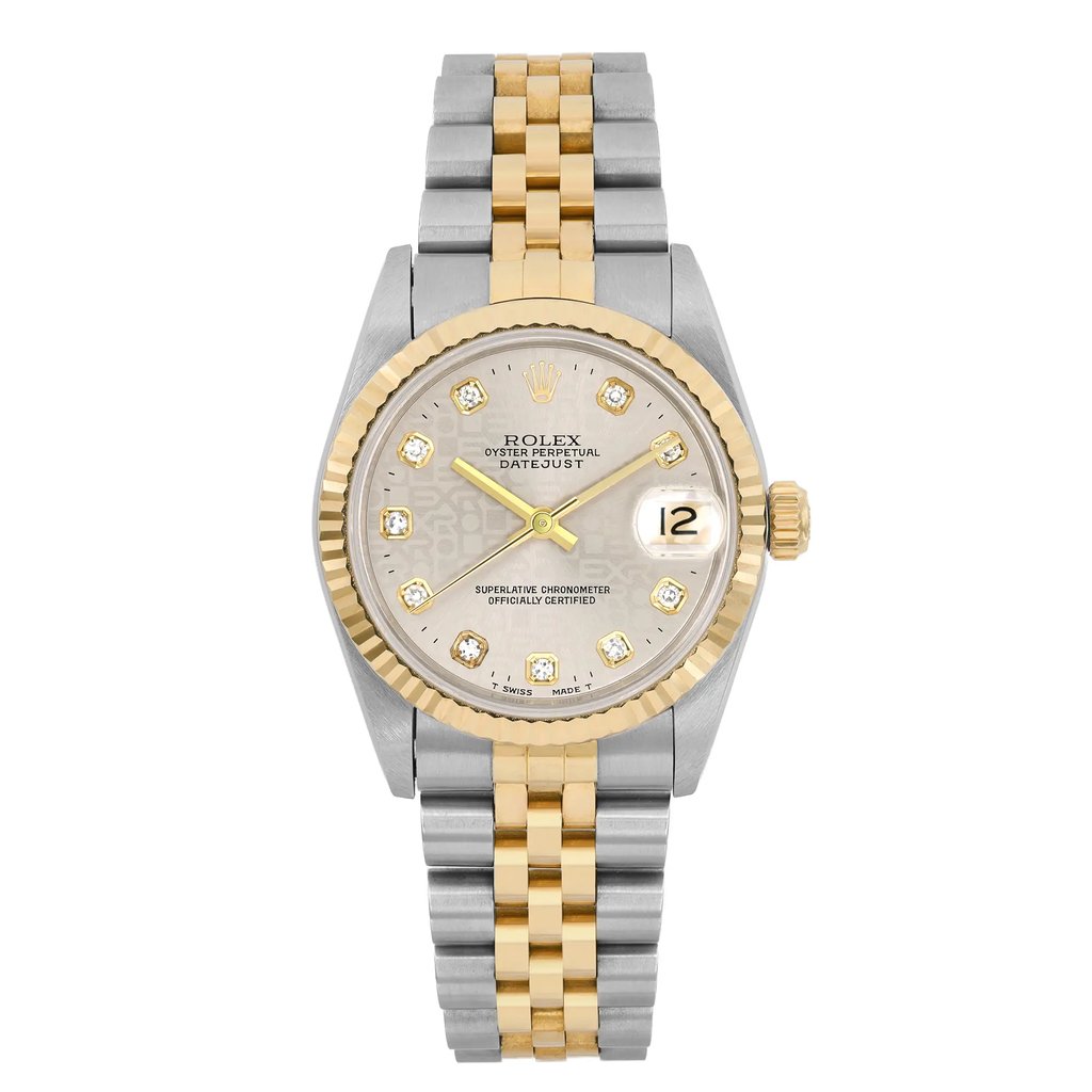 An image of a pre-owned wristwatch displayed from a front full frontal view. The watch features a two-tone metal strap with alternating gold and silver links. The face is silver with gold accents, including the bezel and hour markers. The date is visible on the right side of the watch face.