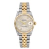 An image of a pre-owned wristwatch displayed from a front full frontal view. The watch features a two-tone metal strap with alternating gold and silver links. The face is silver with gold accents, including the bezel and hour markers. The date is visible on the right side of the watch face.