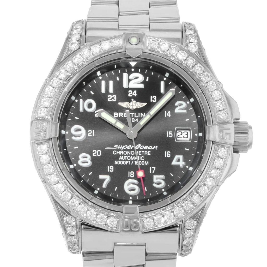 Up Close Front Facing Picture Of Breitling A17360 Stainless Steel Watch Pre Owned Condition