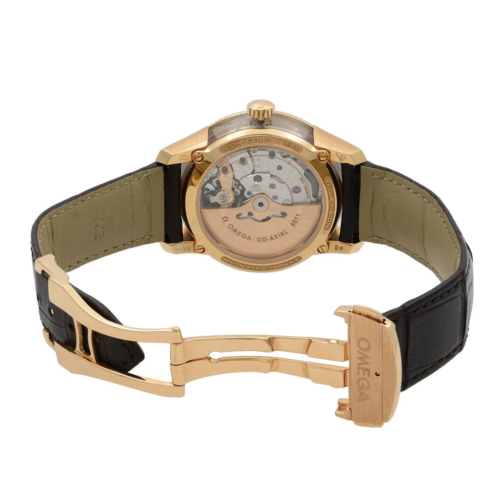 Back View Of Exhibition Back Case And Open Leather Band Of OMEGA 431.63.41.22.02.001 Watch Pre Owned Condition