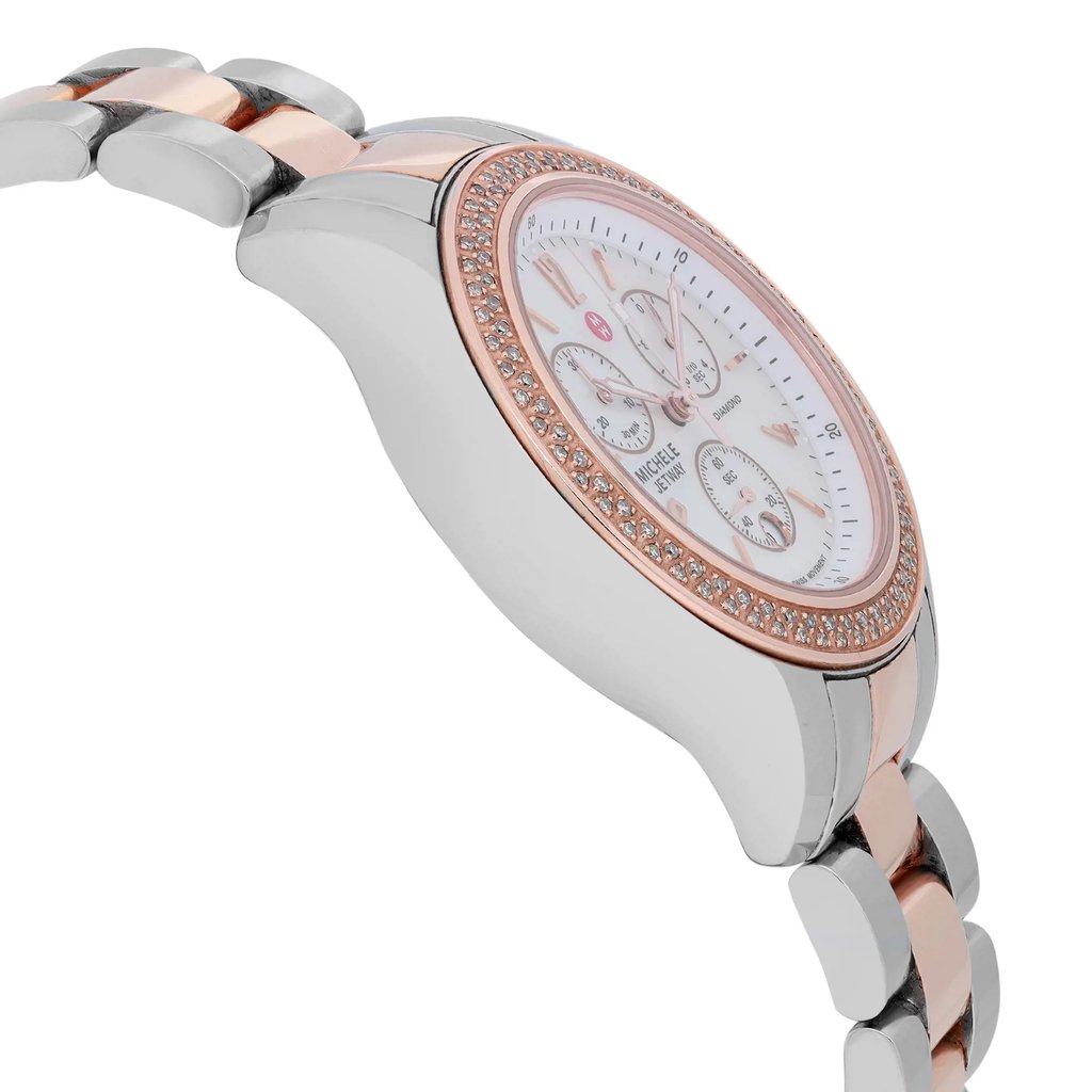 An image of a pre-owned wristwatch viewed from the side profile, opposite the crown. The angle highlights the watch's sleek metal case and the glistening stones encircling the bezel. The focus is on the watch's elegant two-tone bracelet, featuring alternating links of silver and rose gold. The dial, partially visible, showcases multiple subdials and a mix of elegant markers. The shot is taken at a close distance, emphasizing the watch's luxurious details and craftsmanship.