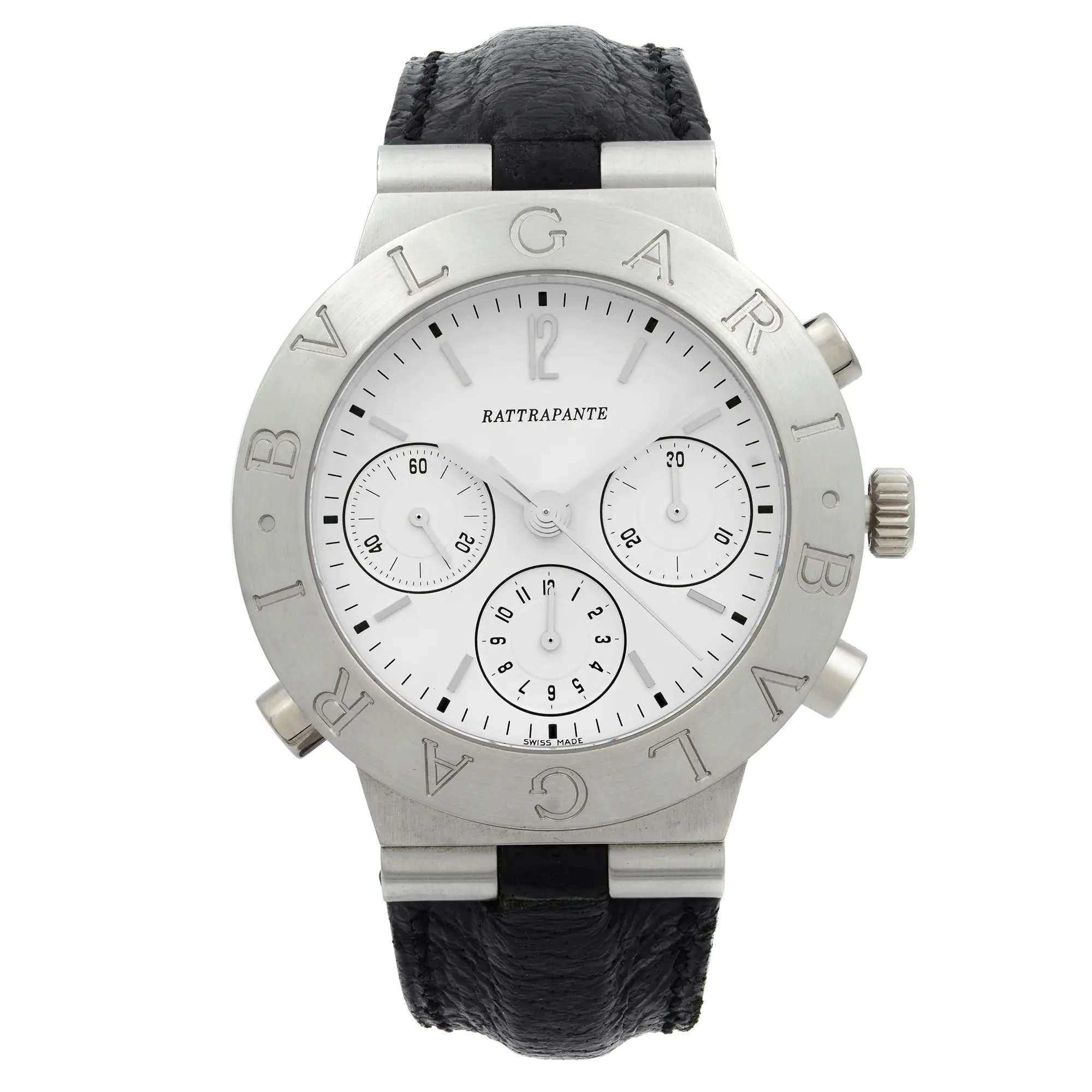 An image of a pre-owned men's Bvlgari Diagono Rattrapante Platinum wristwatch featuring a chronograph and small seconds subdial. The watch is positioned upright, captured from a direct frontal angle at a close distance. It showcases a stainless steel case with "BVLGARI" engraved on the bezel and a black leather strap.