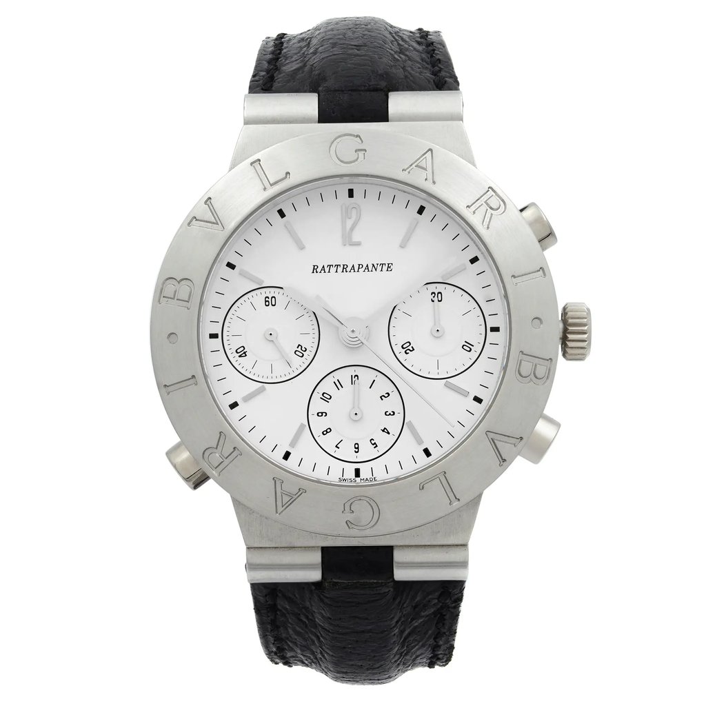 An image of a pre-owned men's Bvlgari Diagono Rattrapante Platinum wristwatch featuring a chronograph and small seconds subdial. The watch is positioned upright, captured from a direct frontal angle at a close distance. It showcases a stainless steel case with "BVLGARI" engraved on the bezel and a black leather strap.