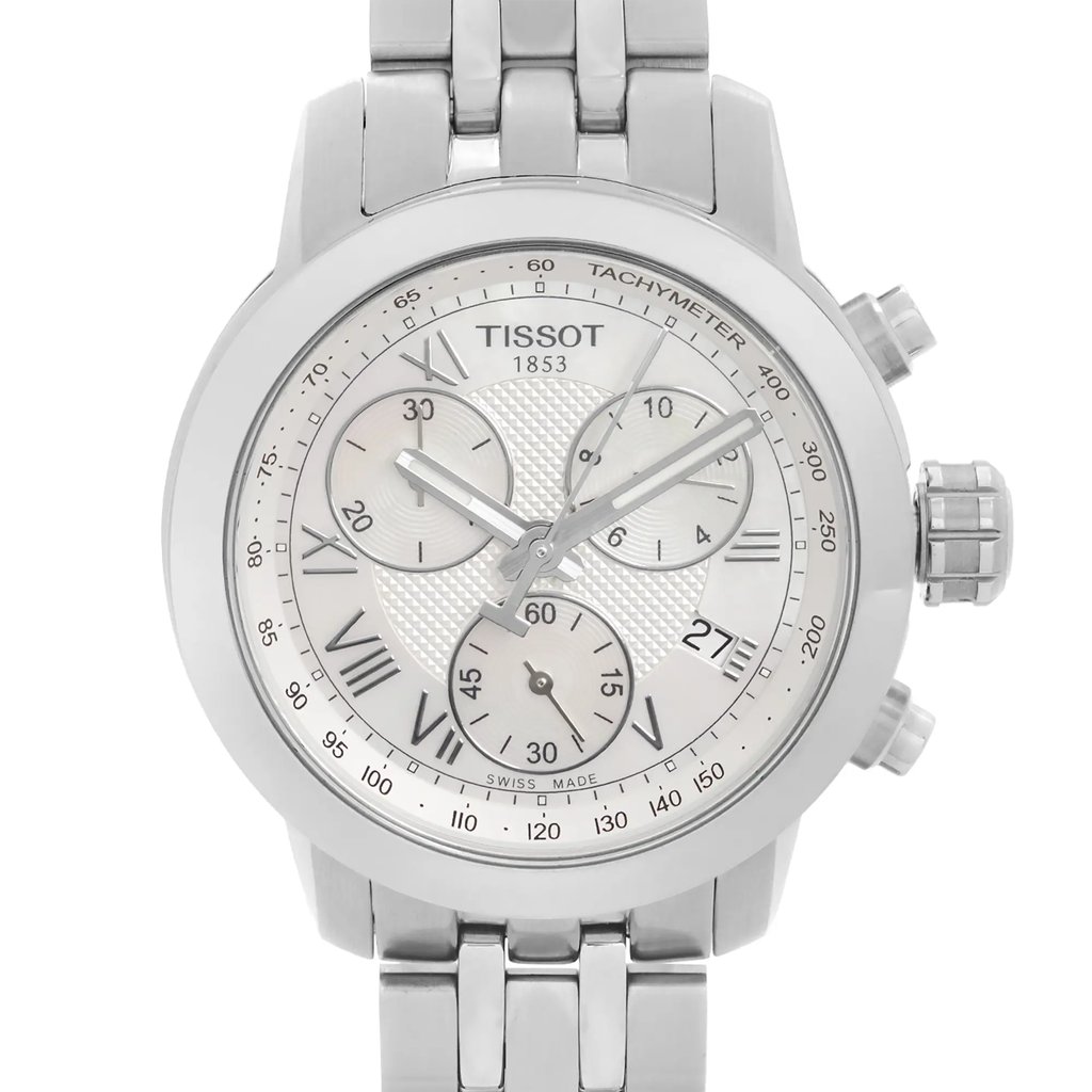 Up Close Front Facing Picture Of Tissot T055.217.11.113.00 Stainless Steel Watch Display Model Condition