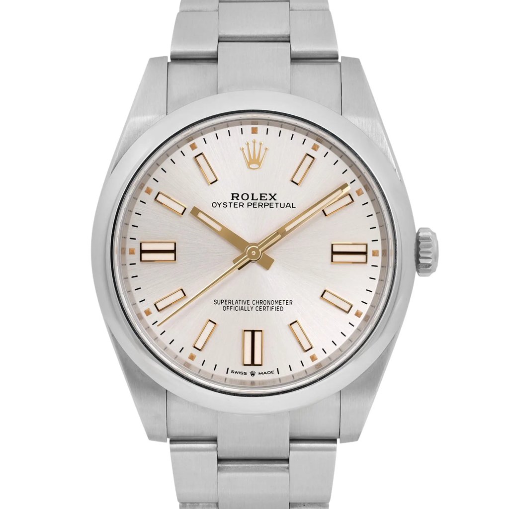 Up Close Front Facing Picture Of Rolex 124300 Stainless Steel Watch Seller Refurbished Condition