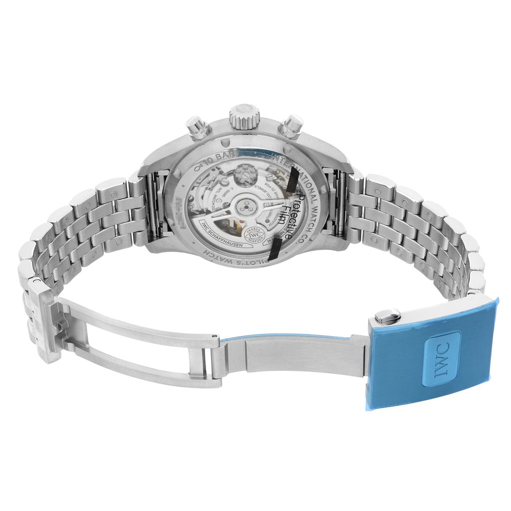 Back View Of Solid Back Case And Open Stainless Steel,Leather Band Of IWC IW388102 Watch Unworn Condition