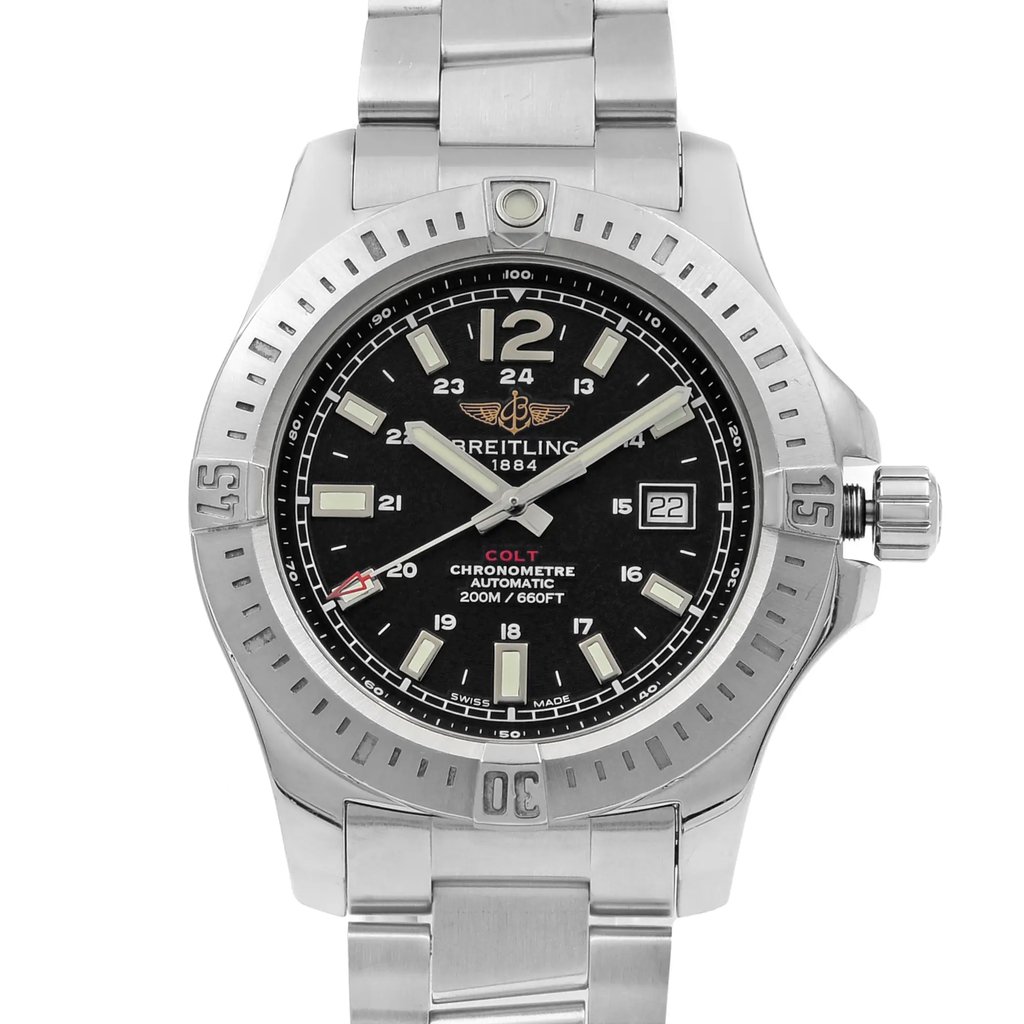 Up Close Front Facing Picture Of Breitling A1738811-BD44-173A Stainless Steel Watch Pre Owned Condition