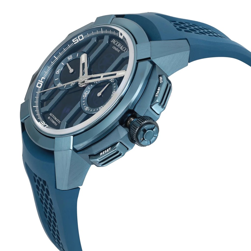 An image of a pre-owned wristwatch shown from a side profile view, highlighting the crown and side buttons. The watch features a blue strap and casing with a detailed dial, emphasizing its intricate design. The angle provides a close-up perspective, showcasing the texture and craftsmanship of the watch.