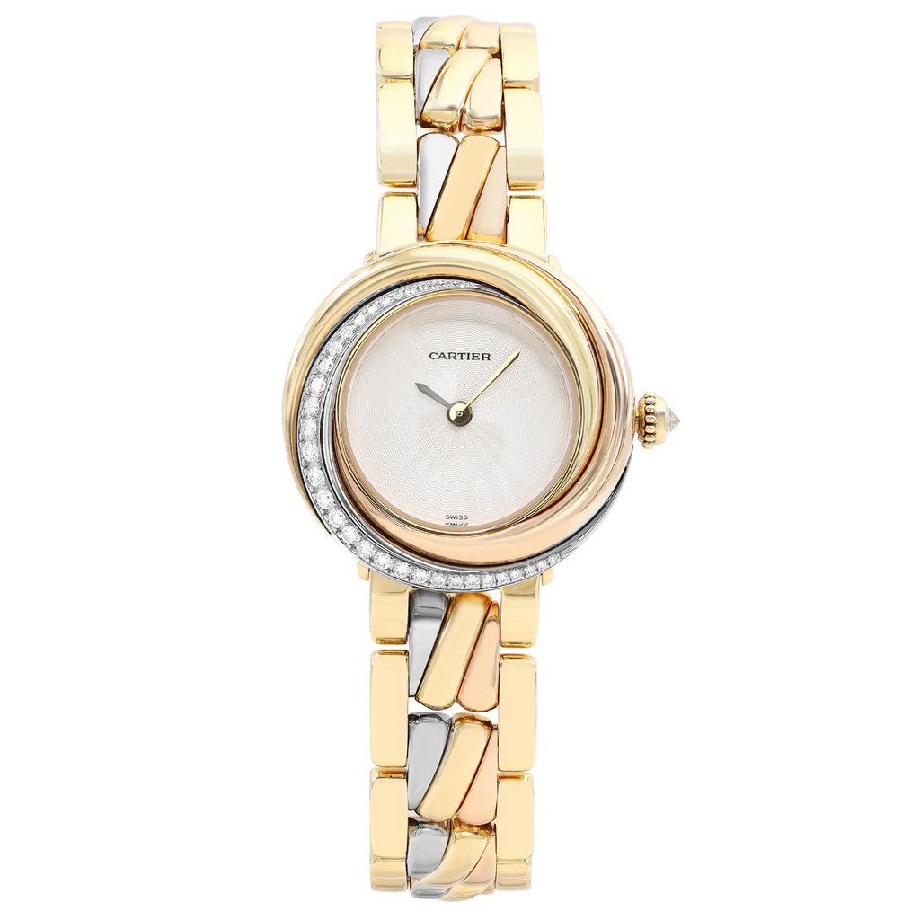 An image of a pre-owned Cartier luxury wristwatch for women, presented in a full frontal view. The watch features a round shape with a white dial and a gold bezel adorned with diamonds. It has a 12-hour dial with no hour marks. The band is made of interlinked pieces of rose gold, white gold, and yellow gold. The case is made of rose gold, white gold, and yellow gold and the watch is in good condition. The photo is taken from a direct front angle and the watch is shown in its entirety, providing a clear view of its design and colors.