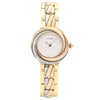 An image of a pre-owned Cartier luxury wristwatch for women, presented in a full frontal view. The watch features a round shape with a white dial and a gold bezel adorned with diamonds. It has a 12-hour dial with no hour marks. The band is made of interlinked pieces of rose gold, white gold, and yellow gold. The case is made of rose gold, white gold, and yellow gold and the watch is in good condition. The photo is taken from a direct front angle and the watch is shown in its entirety, providing a clear view of its design and colors.
