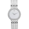 An image of a pre-owned women's Movado wristwatch, shown from a front close-up angle. The watch features a round, white dial with no hour marks, encased in a stainless steel case with a gray bezel. The band is made of ceramic and stainless steel. The watch is in good condition with a casual style.