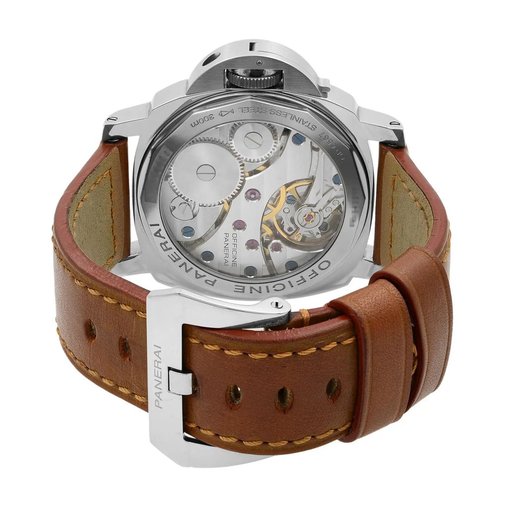 Back View Of Exhibition Back Case And Closed Leather Band Of Panerai PAM00111 Watch Pre Owned Condition