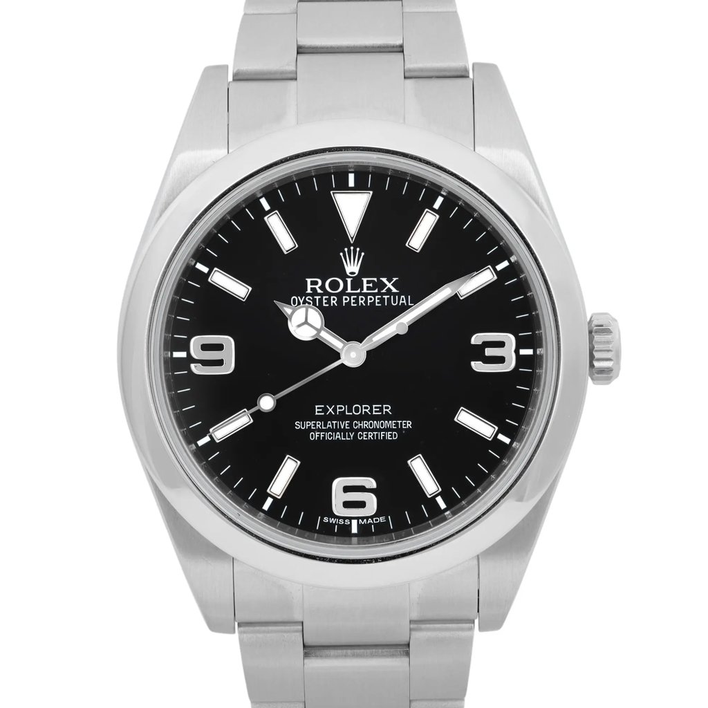 Up Close Front Facing Picture Of Rolex 214270 Stainless Steel Watch Pre Owned Condition