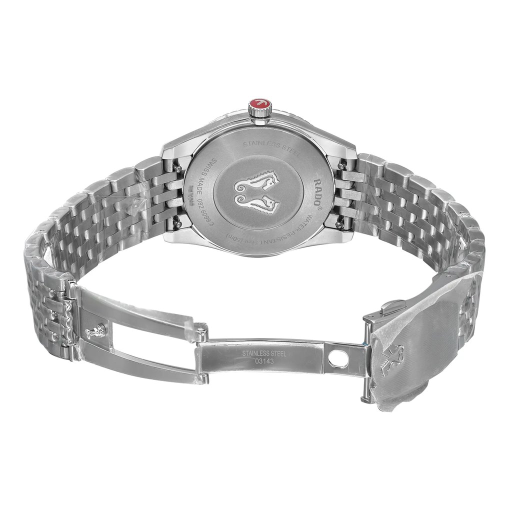 Back View Of Snap Back Case And Open Stainless Steel Band Of Rado R33099918 Watch Unworn Condition