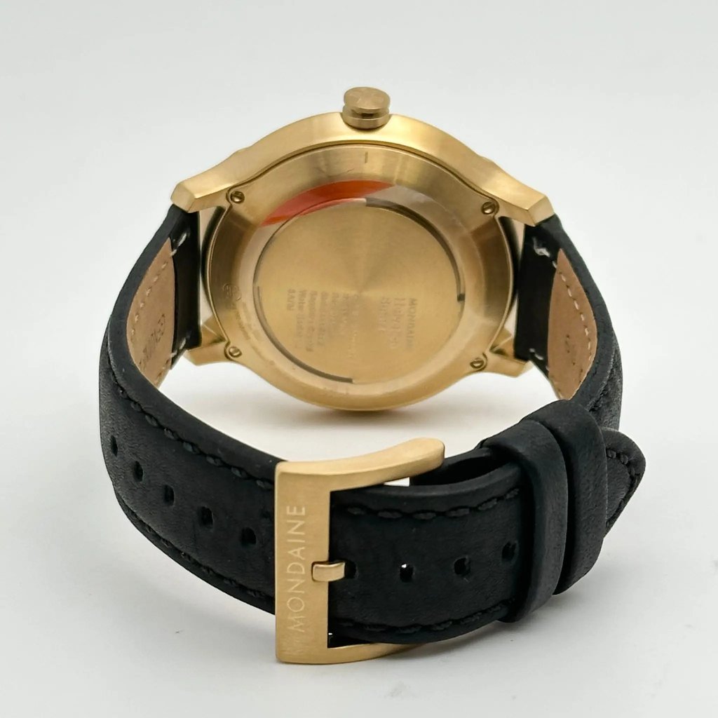Back View Of Screwback Back Case And Closed Leather Band Of Mondaine MH1.B2S20.LB Watch Display Model Condition