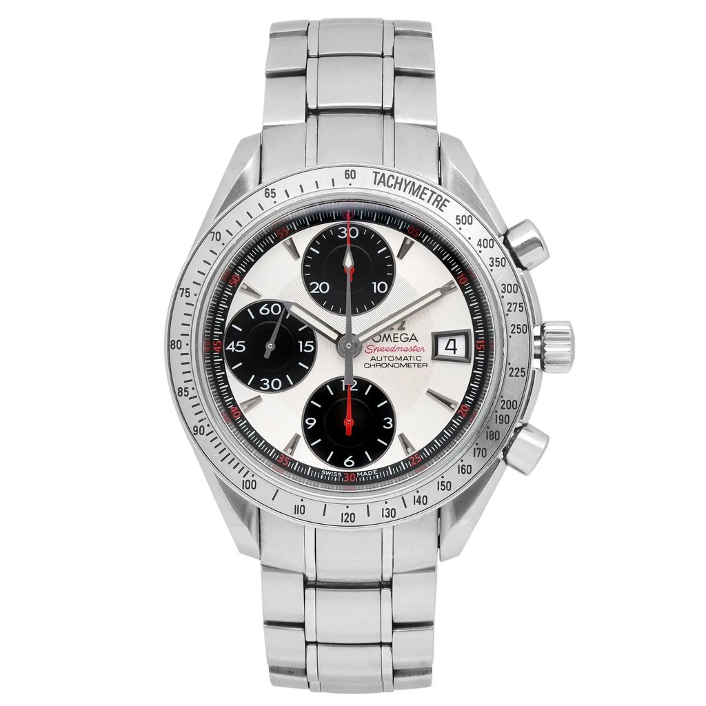 An image of a pre-owned Omega men's wristwatch, captured from a front full frontal view. The watch features a silver dial with a chronograph, date indicator, and luminous hands. The bezel is steel-colored, and the band is made of stainless steel, matching the stainless steel case. The watch has a round shape and displays stick indexes on a 12-hour dial. It is in excellent condition and styled casually, showcasing multi-dials and a tachymeter on the bezel.
