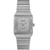 An image of an unworn Rado women's luxury wristwatch with a front close-up view of the watch face. The dial and bezel are silver-colored, and the rectangle-shaped case and band are made of white gold. The watch features diamond markers on a 12-hour dial and is presented in an excellent condition class. The band is adorned with diamonds, and the image is taken from a direct, centered angle, showcasing the full front view of the watch.