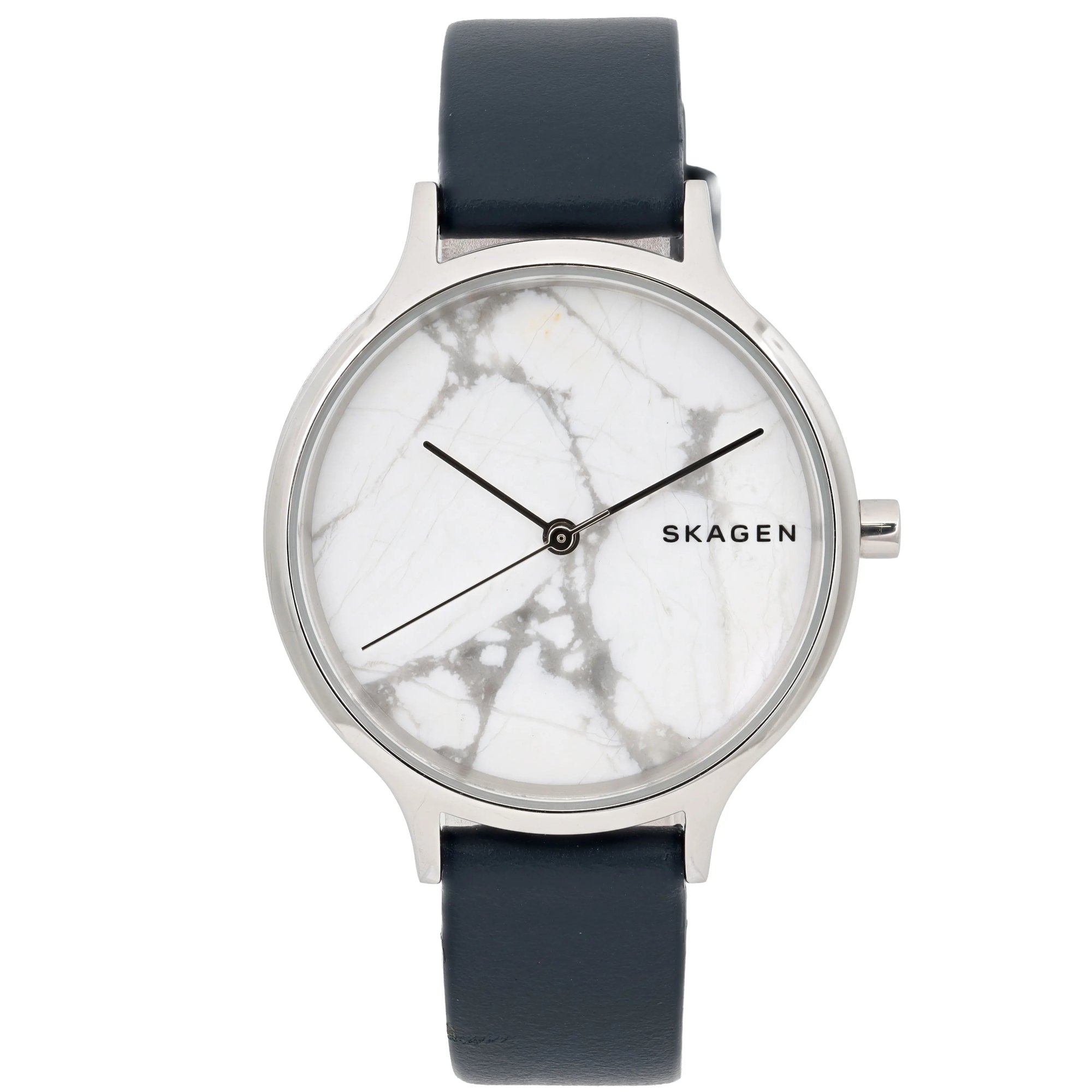 An image of a Skagen women's wristwatch taken from a straight-on angle. The watch features a round face with a marbled white background and minimalist black hands. The brand name "Skagen" is positioned on the right side of the face. The watch has a silver-toned bezel and a dark strap. The image captures the watch in a close-up view, highlighting its design details.