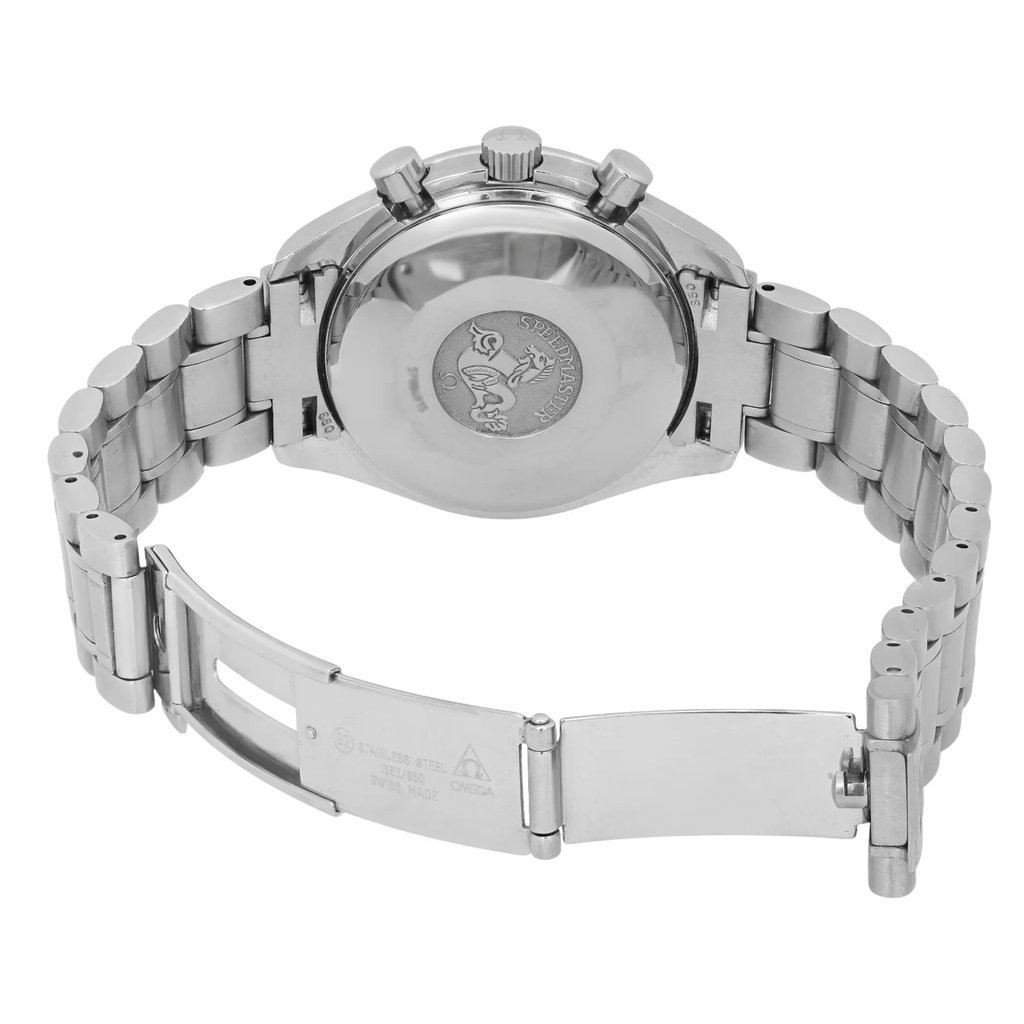 Back View Of Screwback Back Case And Open Stainless Steel Band Of OMEGA 3523.30.00 Watch Pre Owned Condition