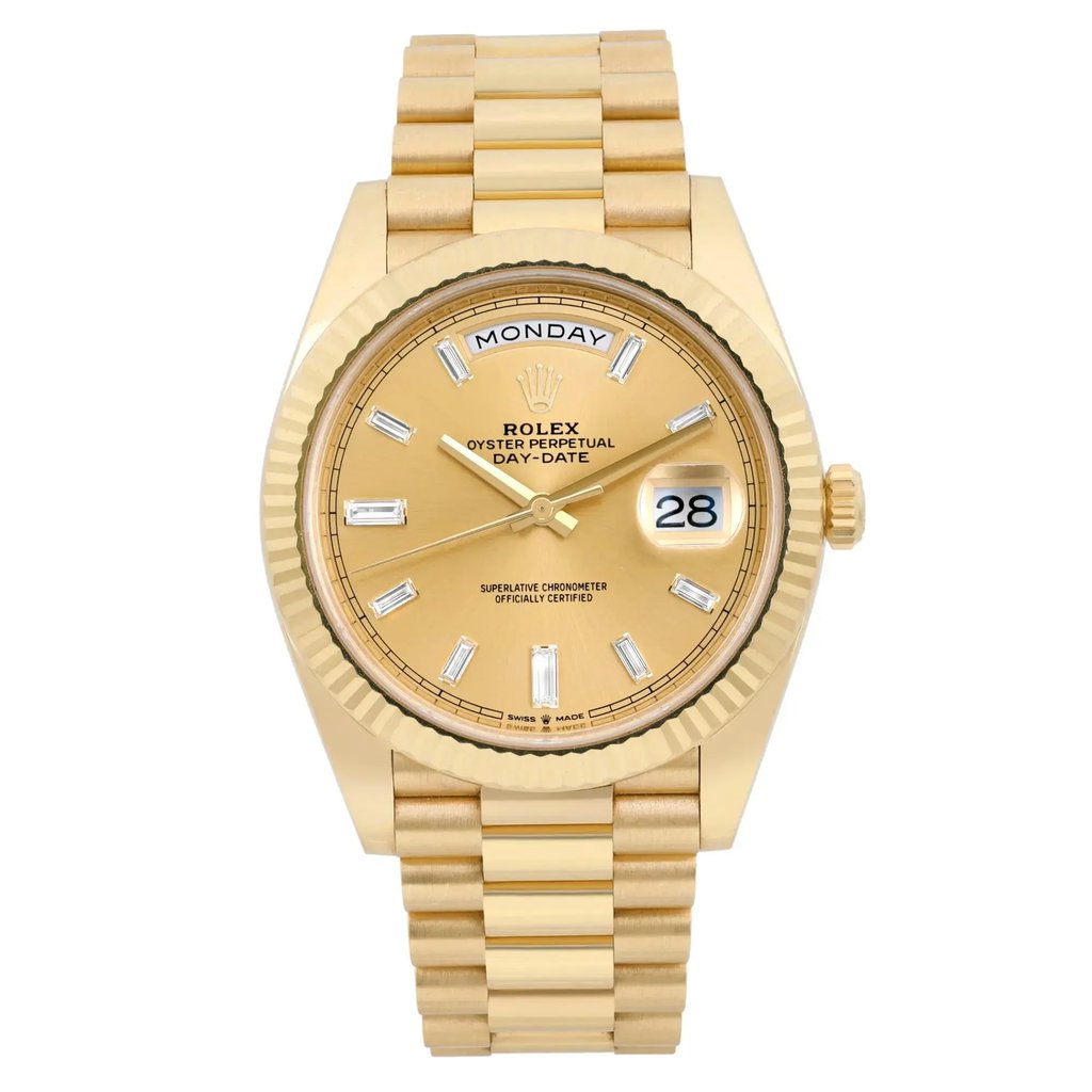 Front Full View Of Rolex 228238 Yellow Gold Watch Pre Owned Condition Excellent