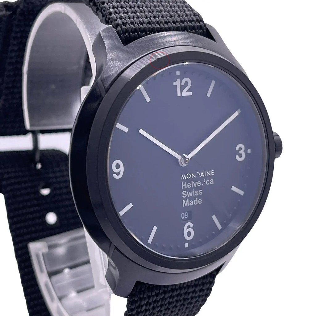 Up Close Front Facing Picture Of Mondaine MH1.B1221.NB Stainless Steel Watch New With Defects Condition