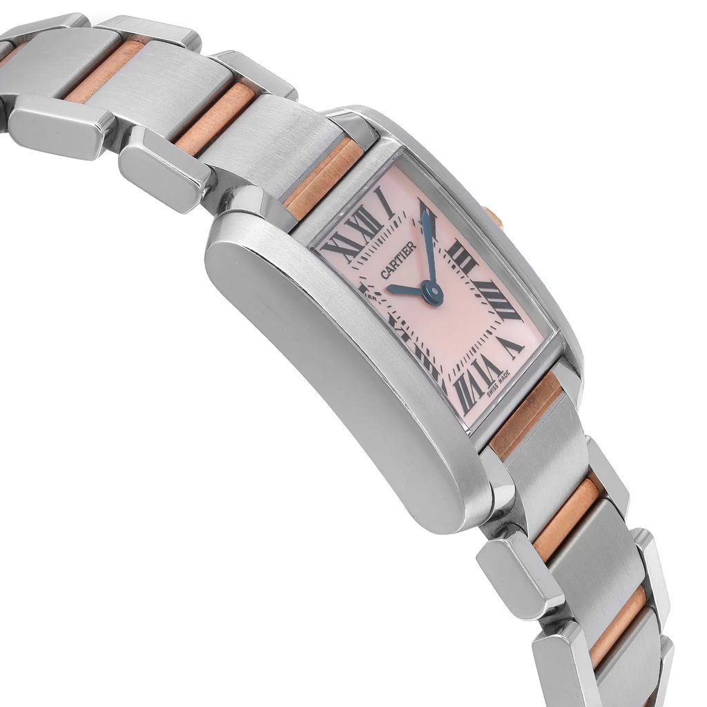 An image of a pre-owned Cartier wristwatch for women, showcasing a side profile view opposite the crown. The watch has a luxurious style with a mother of pearl dial color and pattern, set within a rectangular stainless steel case. The bezel color is gray. The band is made of rose gold and stainless steel, giving the watch a sophisticated two-tone appearance. The watch is positioned at a slight angle, with the dial visible and the band extending away from the viewer, emphasizing the watch's elegant design.