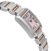 An image of a pre-owned Cartier wristwatch for women, showcasing a side profile view opposite the crown. The watch has a luxurious style with a mother of pearl dial color and pattern, set within a rectangular stainless steel case. The bezel color is gray. The band is made of rose gold and stainless steel, giving the watch a sophisticated two-tone appearance. The watch is positioned at a slight angle, with the dial visible and the band extending away from the viewer, emphasizing the watch's elegant design.
