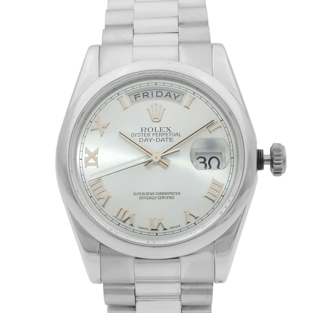 Up Close Front Facing Picture Of Rolex 118209 White Gold Watch Pre Owned Condition