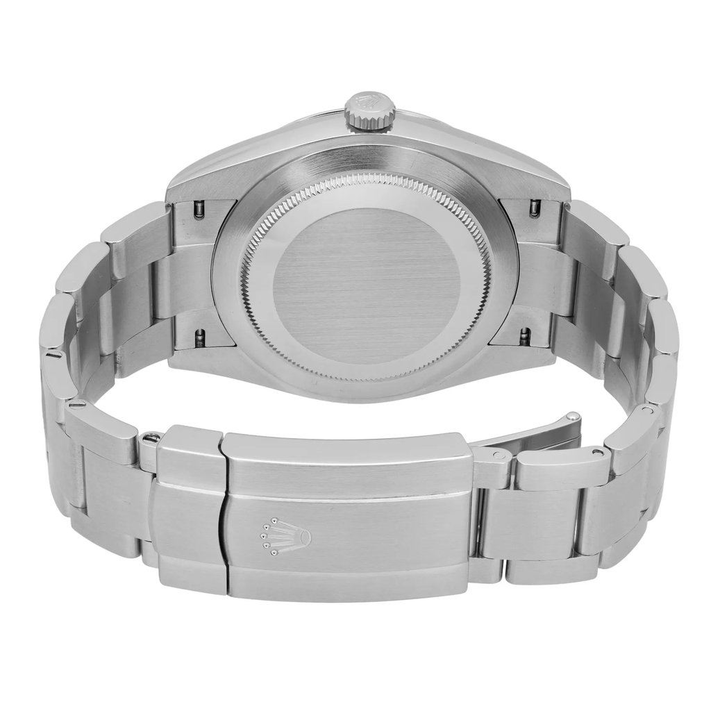 An image of a pre-owned men's Rolex wristwatch viewed from the back. The watch is positioned horizontally, with the clasp and bracelet fully visible. The angle showcases the closed clasp, adorned with the Rolex logo, and the watch's case back, highlighting the metallic finish. The image is taken at a close distance, focusing on the craftsmanship and details of the watch's band and case.
