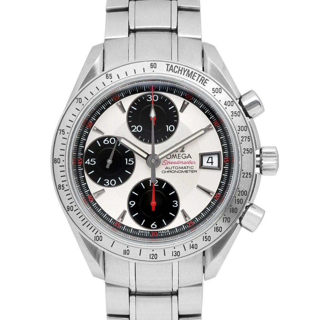 An image of a pre-owned men's OMEGA wristwatch taken from a front close-up angle, showcasing the round watch face. The dial is silver with stick indexes on a 12-hour multi-dial display. The watch features a chronograph, date indicator, and luminous hands. It has a steel-colored bezel and is in excellent condition. The band and case are made of stainless steel, adding to its casual style.
