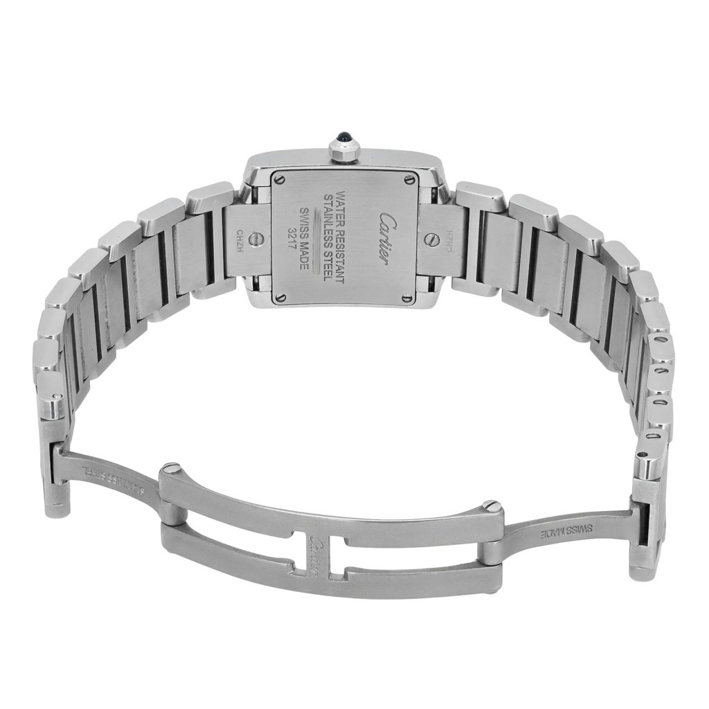 Back View Of Screwback Back Case And Open Stainless Steel Band Of Cartier W4TA0008 Watch Pre Owned Condition