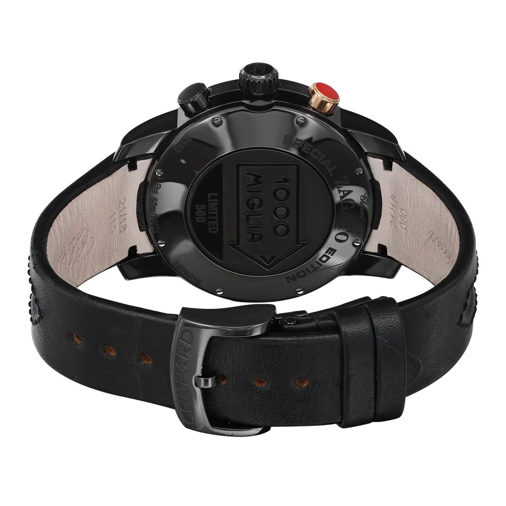 Back View Of Screwback Back Case And Closed Leather,Rubber Band Of Chopard 168550-6001 Watch Pre Owned Condition