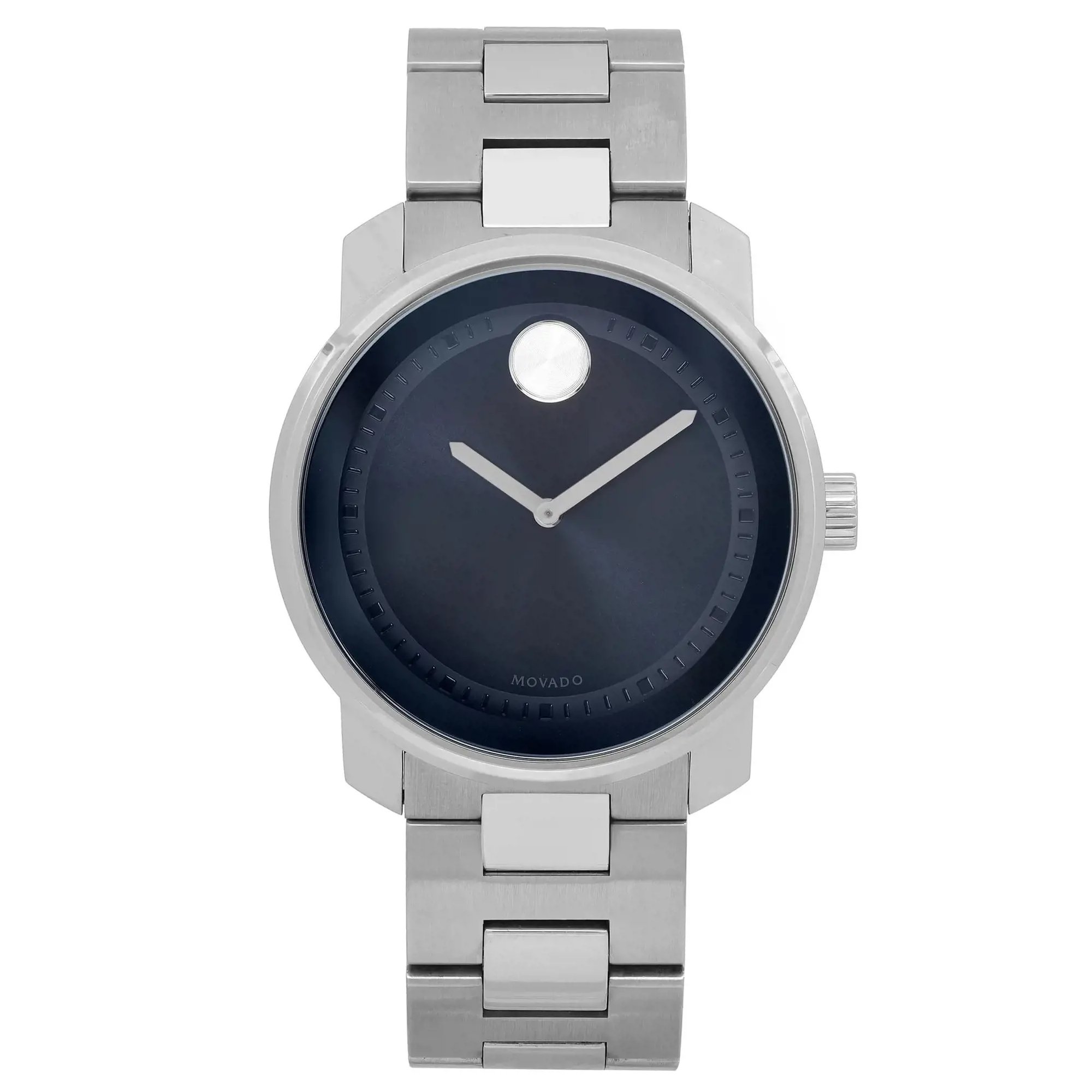 An image of a wristwatch displayed in a full frontal view. The watch features a sleek, minimalist design with a dark, circular dial and a single dot at the 12 o'clock position. The silver metallic bracelet and casing are visible, with the watch positioned directly facing the viewer, showcasing its elegant and modern aesthetic.