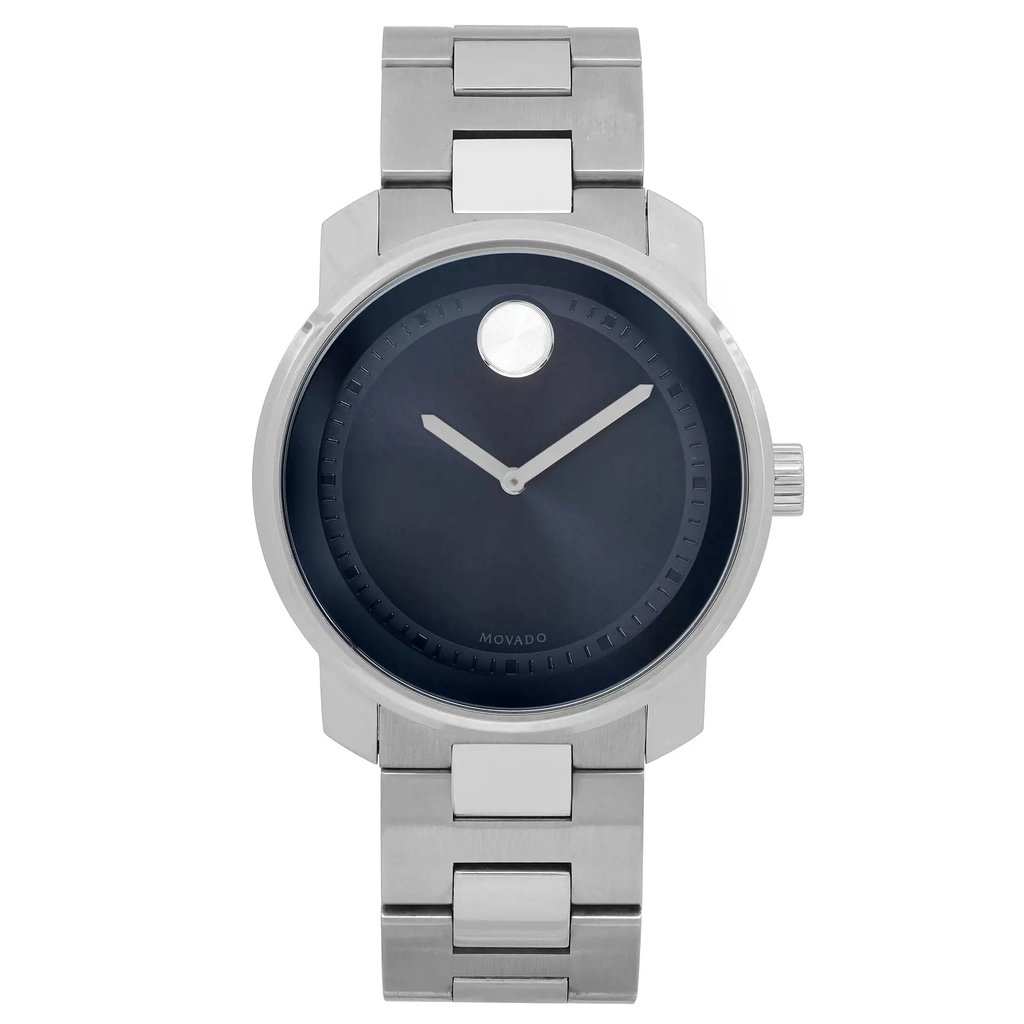 An image of a wristwatch displayed in a full frontal view. The watch features a sleek, minimalist design with a dark, circular dial and a single dot at the 12 o'clock position. The silver metallic bracelet and casing are visible, with the watch positioned directly facing the viewer, showcasing its elegant and modern aesthetic.