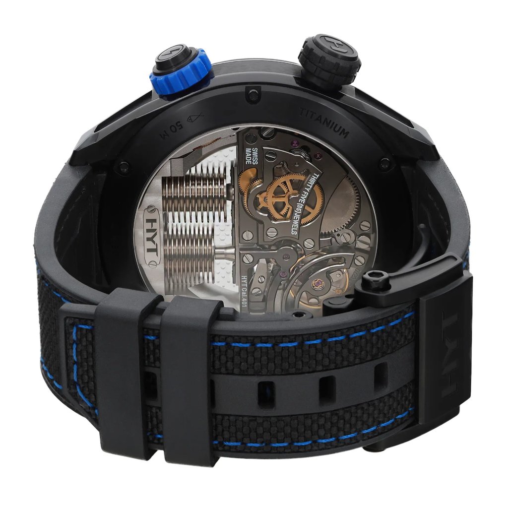 Back View Of Exhibition Back Case And Closed Rubber,Nylon Band Of HYT H01704 Watch Unworn Condition